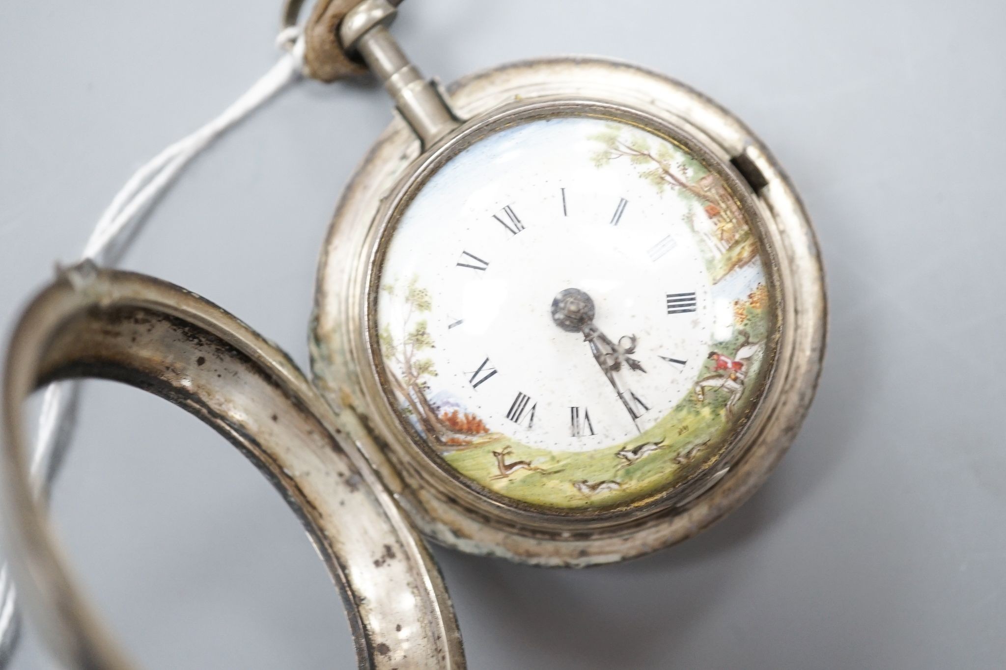 A George III silver pair cased keywind verge pocket watch, by John Wontner, London, with enamelled dial, overall case diameter 53mm, the dial border decorated with deer hunting scene.